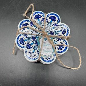Set Of 4 Turkish Ceramic Coasters  Design Made In Turkey Blue White Flower New